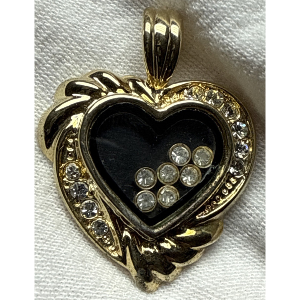 Vintage Gold Tone Floating Crystals Heart Pendant Black